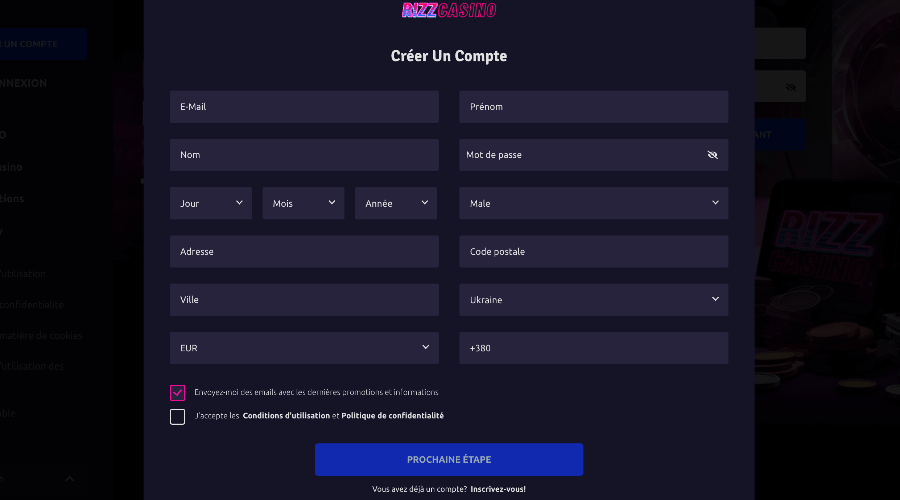 Rizz Casino Inscription