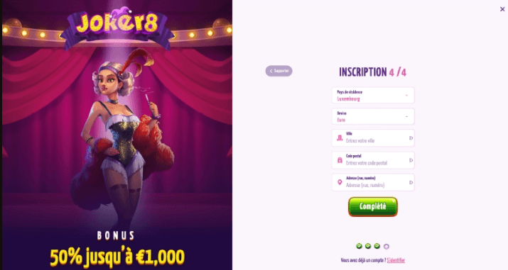 Inscription Inscription au Joker8 Casino