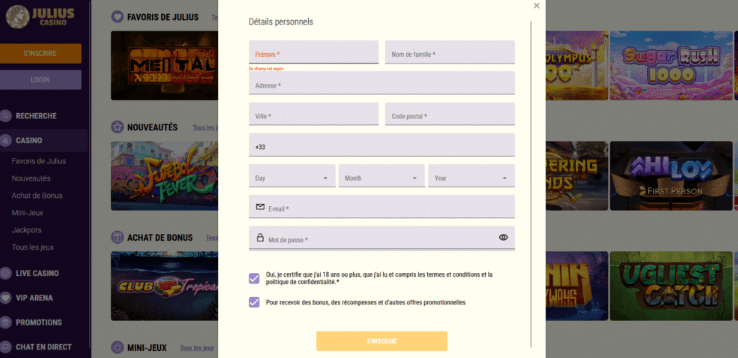 Inscription au Julius Casino