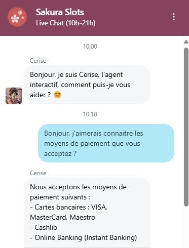 Sakura Slots Casino les moyens de paiement